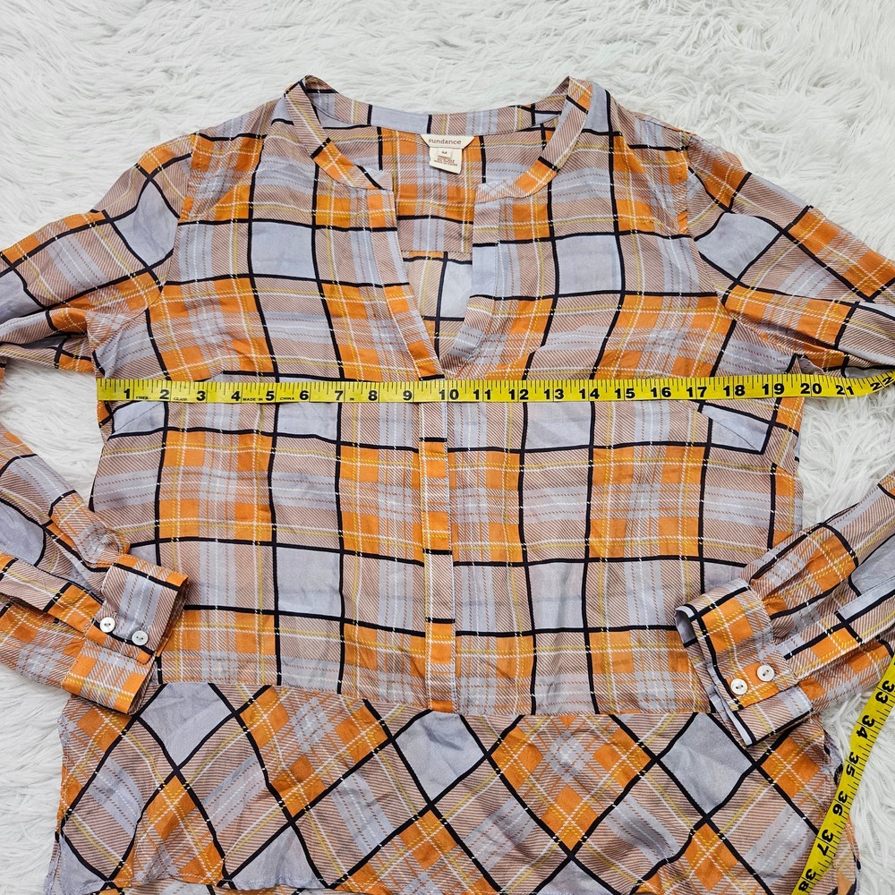 Sundance Women's Orange Plaid Long Sleeve 100% Silk Semi Sheer Blouse Sz M - Picture 7 of 9